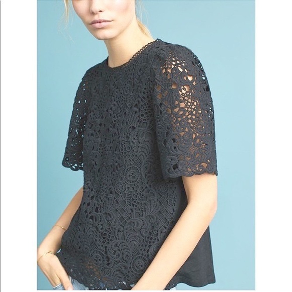 Anthropologie Eri + Ali Suzy Lace Top Black Boho Crochet‎ Short Sleeve Blouse 
S